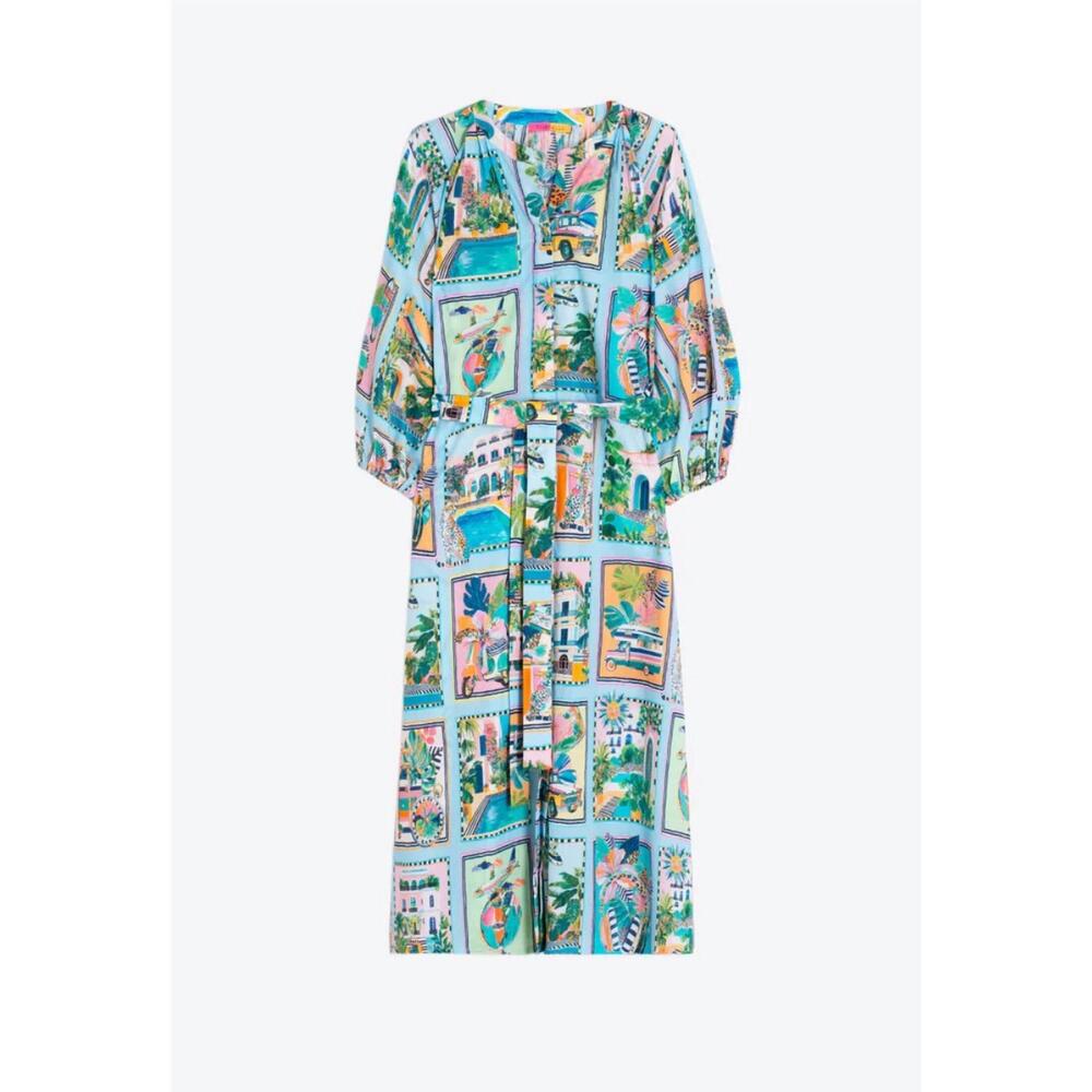 NEW VILAGALLO women's v-neck dress in turquoise tropical scenes